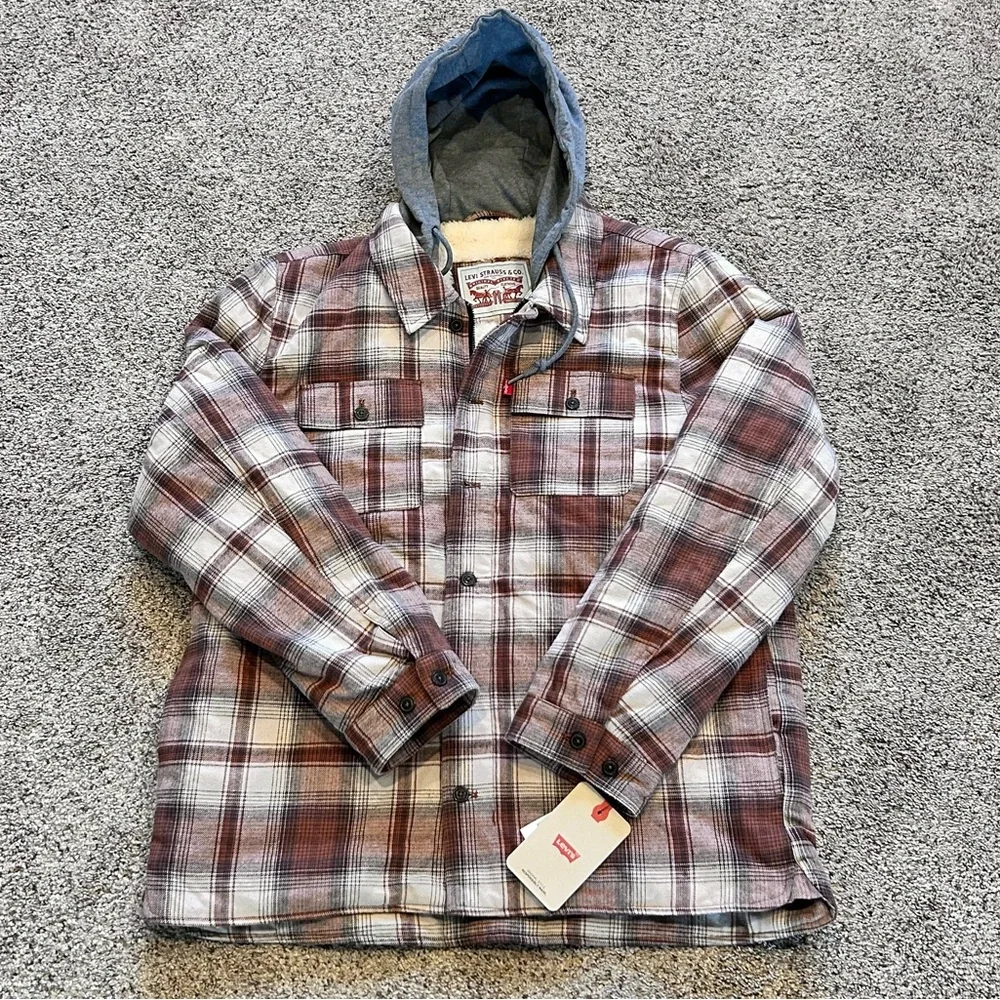 Levi's® Sherpa Lined Brown Ombre Plaid Shirt Jacket Jersey Hoodie Men’s L NEW - Picture 3 of 16